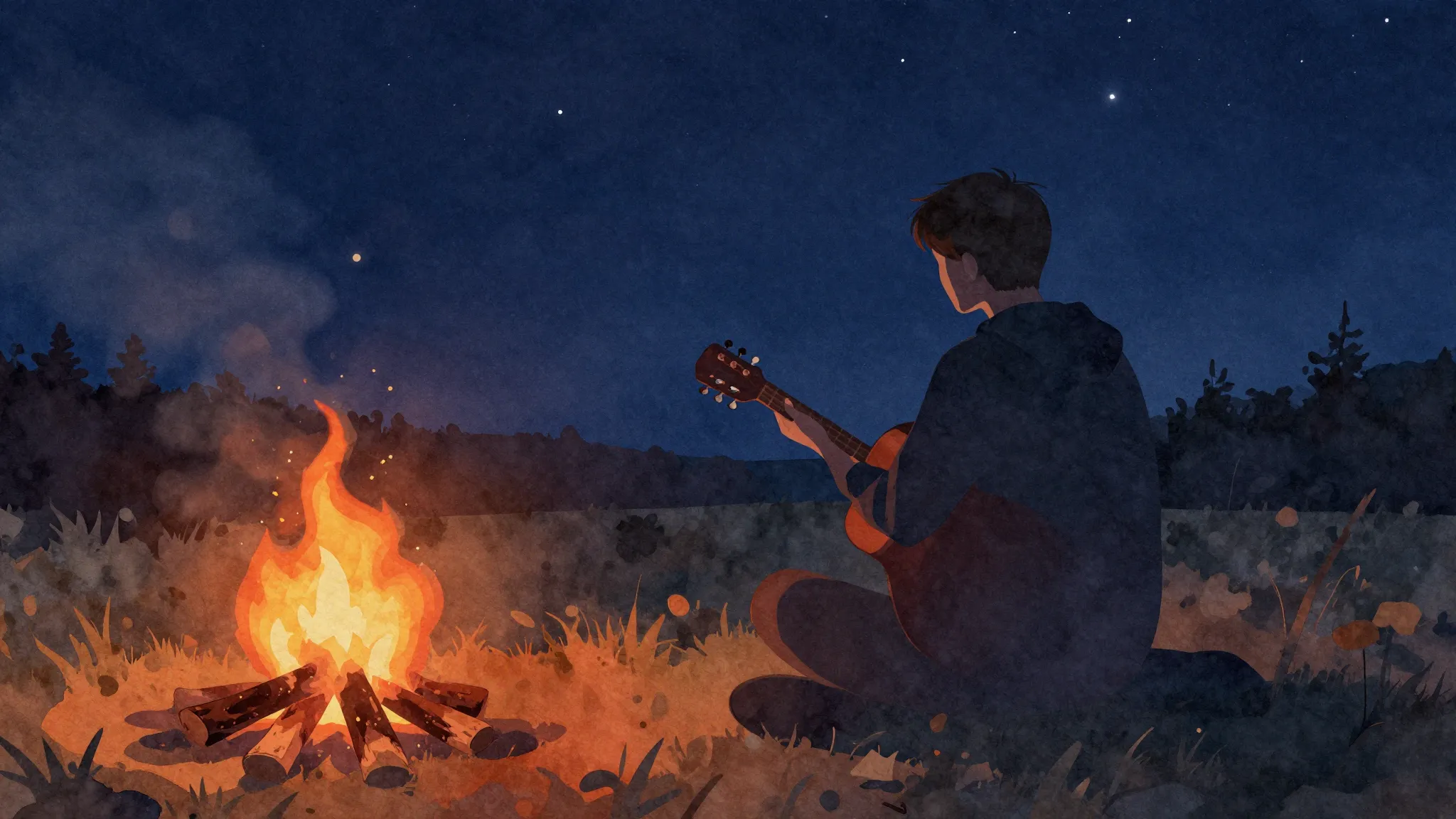 Watercolor style. Silhouette of a man with a guitar sitting ...