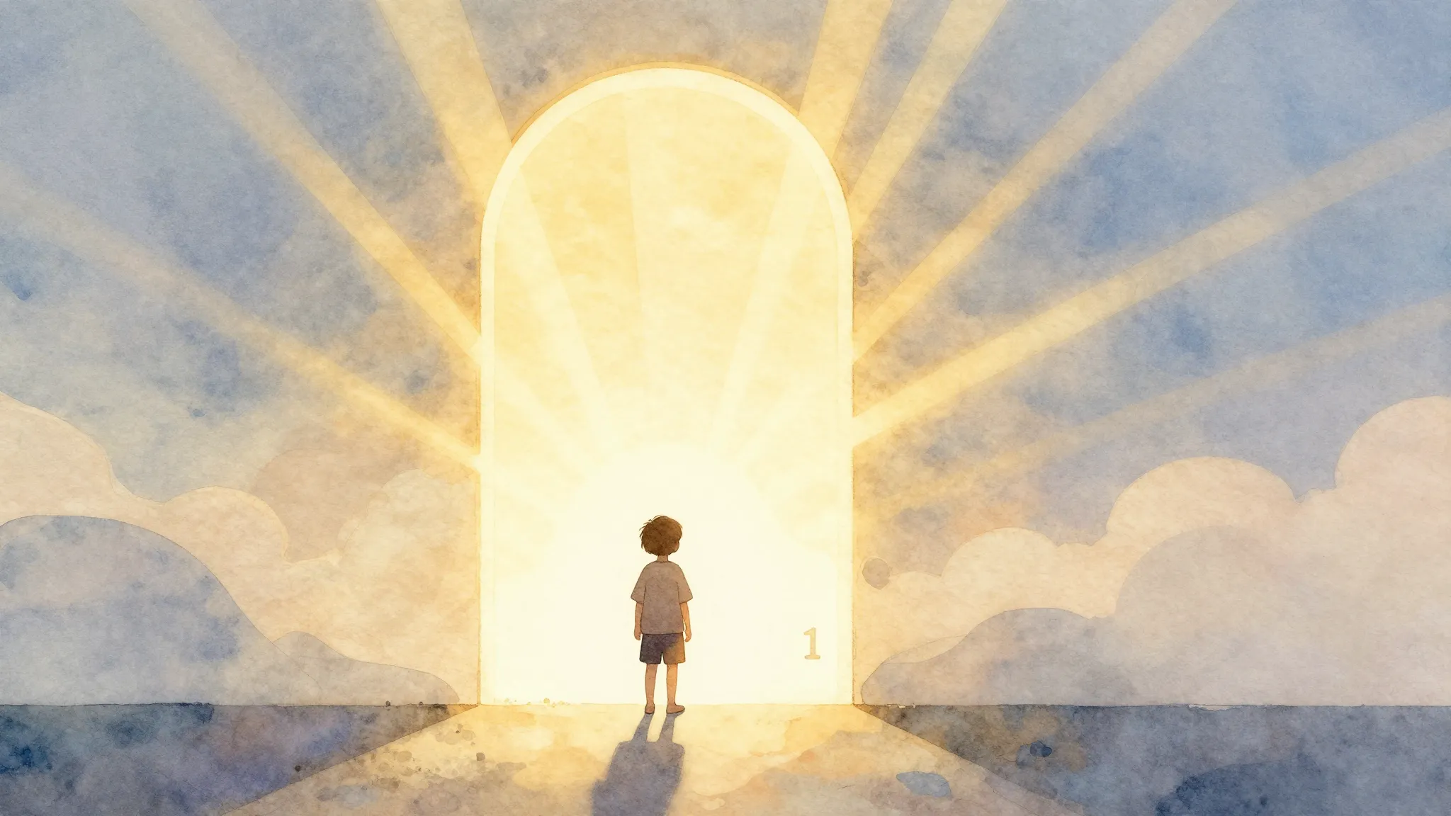 Watercolor style. Silhouette of a small child standing befor...