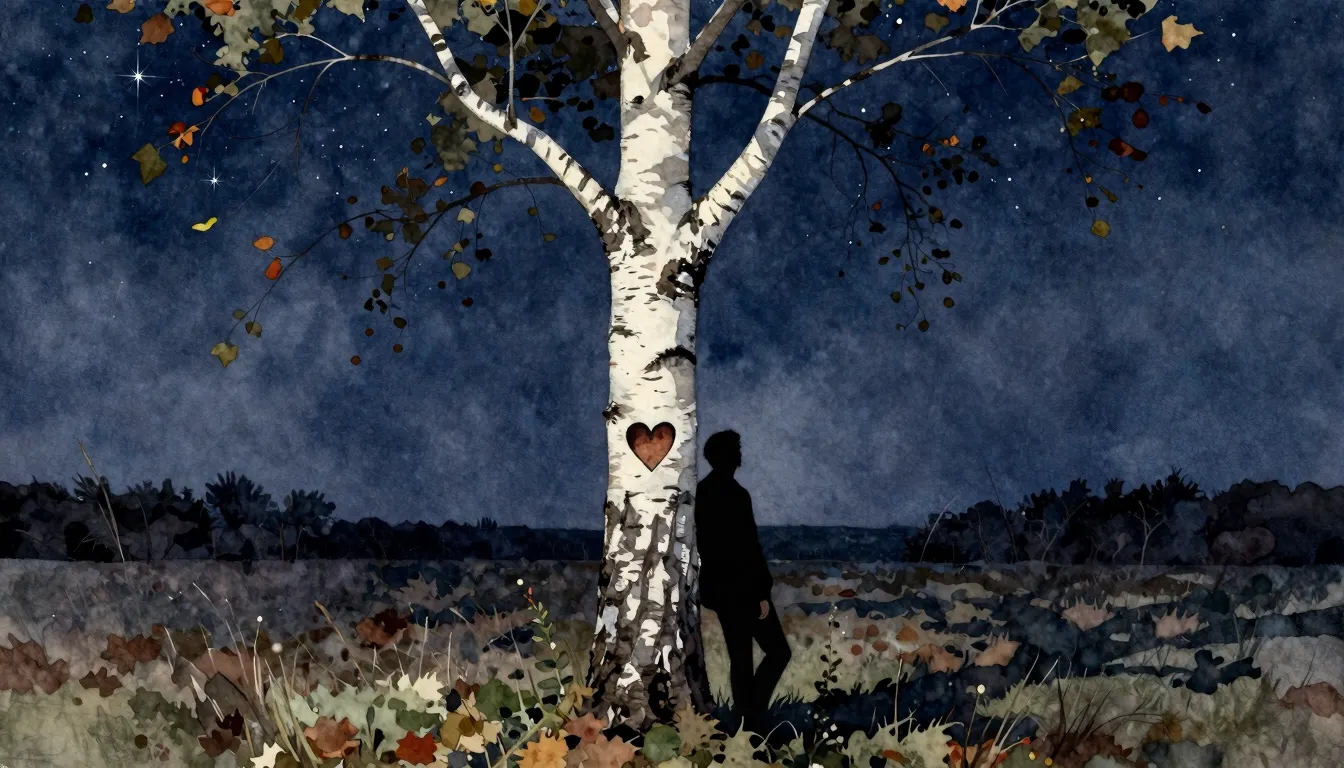 Watercolor style. A lone white birch tree with a heart carve...