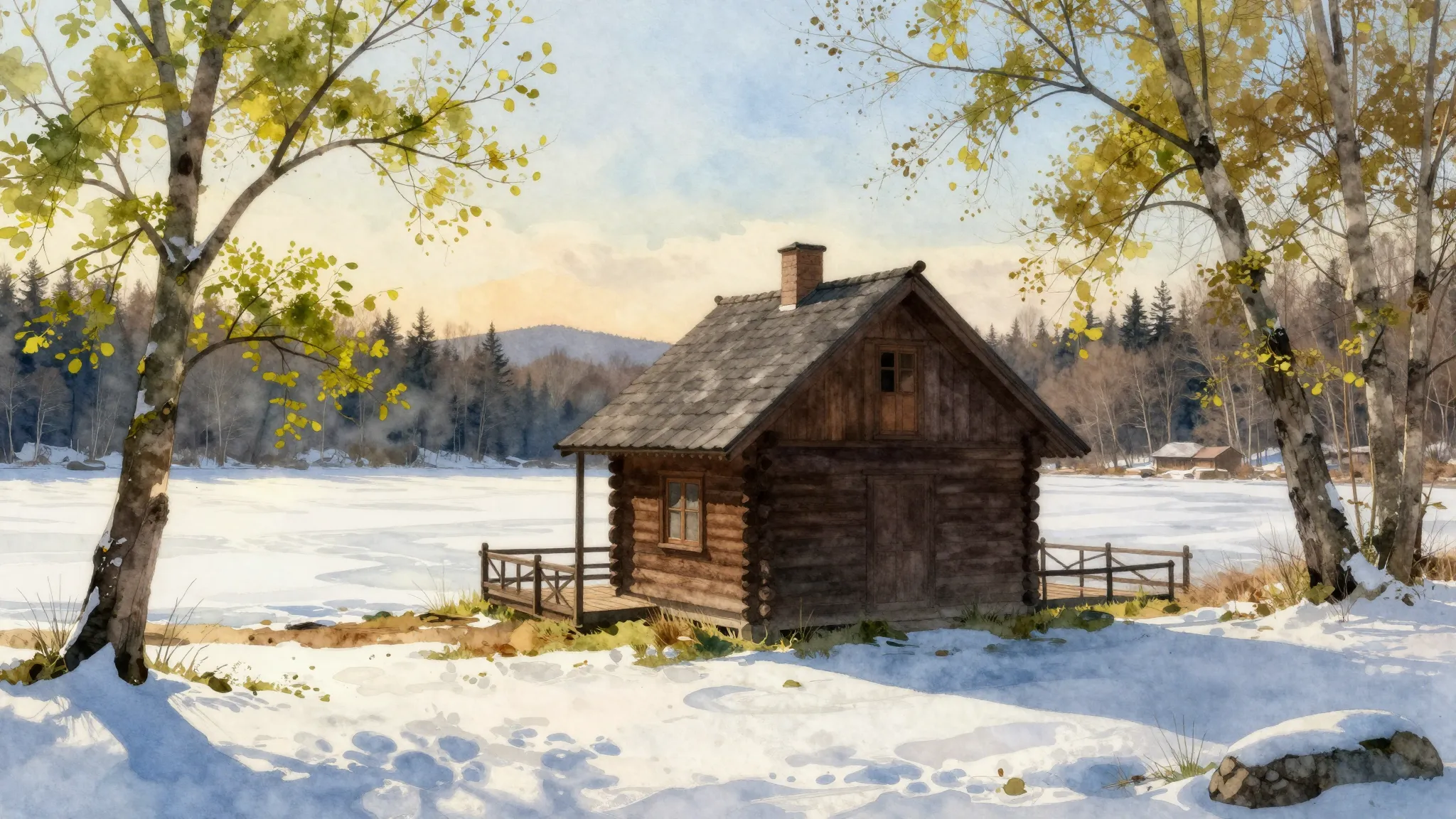 Watercolor style. Silhouette of a wooden house near a frozen...