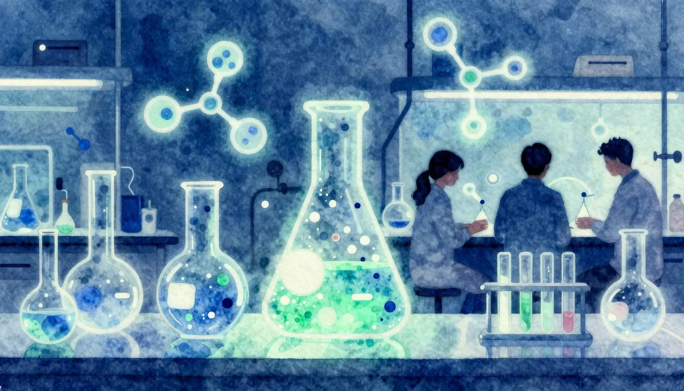 Watercolor style. Abstract neon chemical laboratory, glowing...
