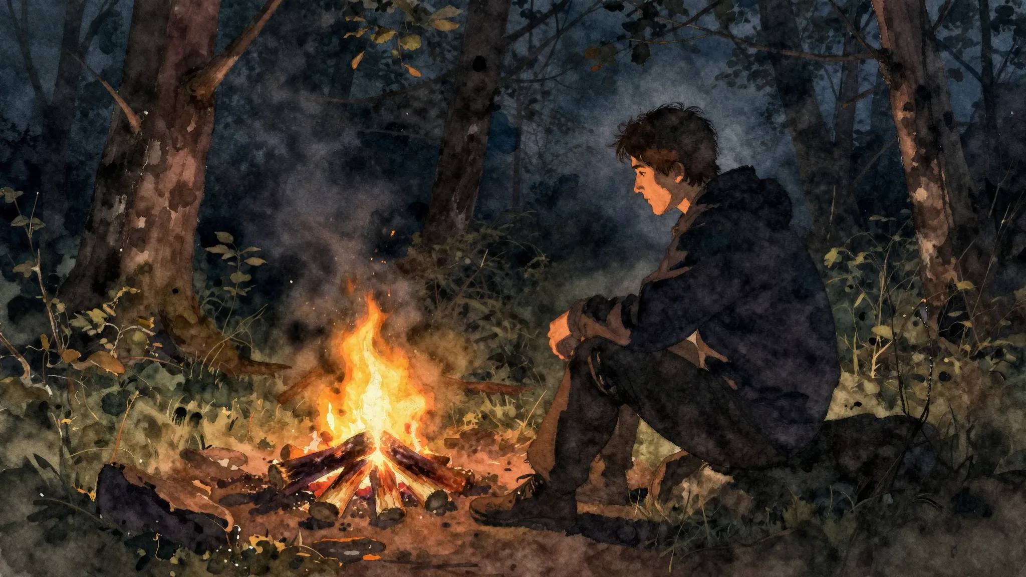 Watercolor style. A dark silhouette of a man sitting by a sm...