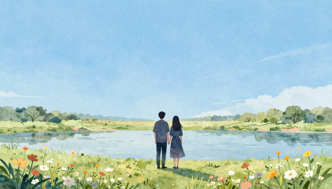 Watercolor style. A silhouette of a couple standing by a cal...