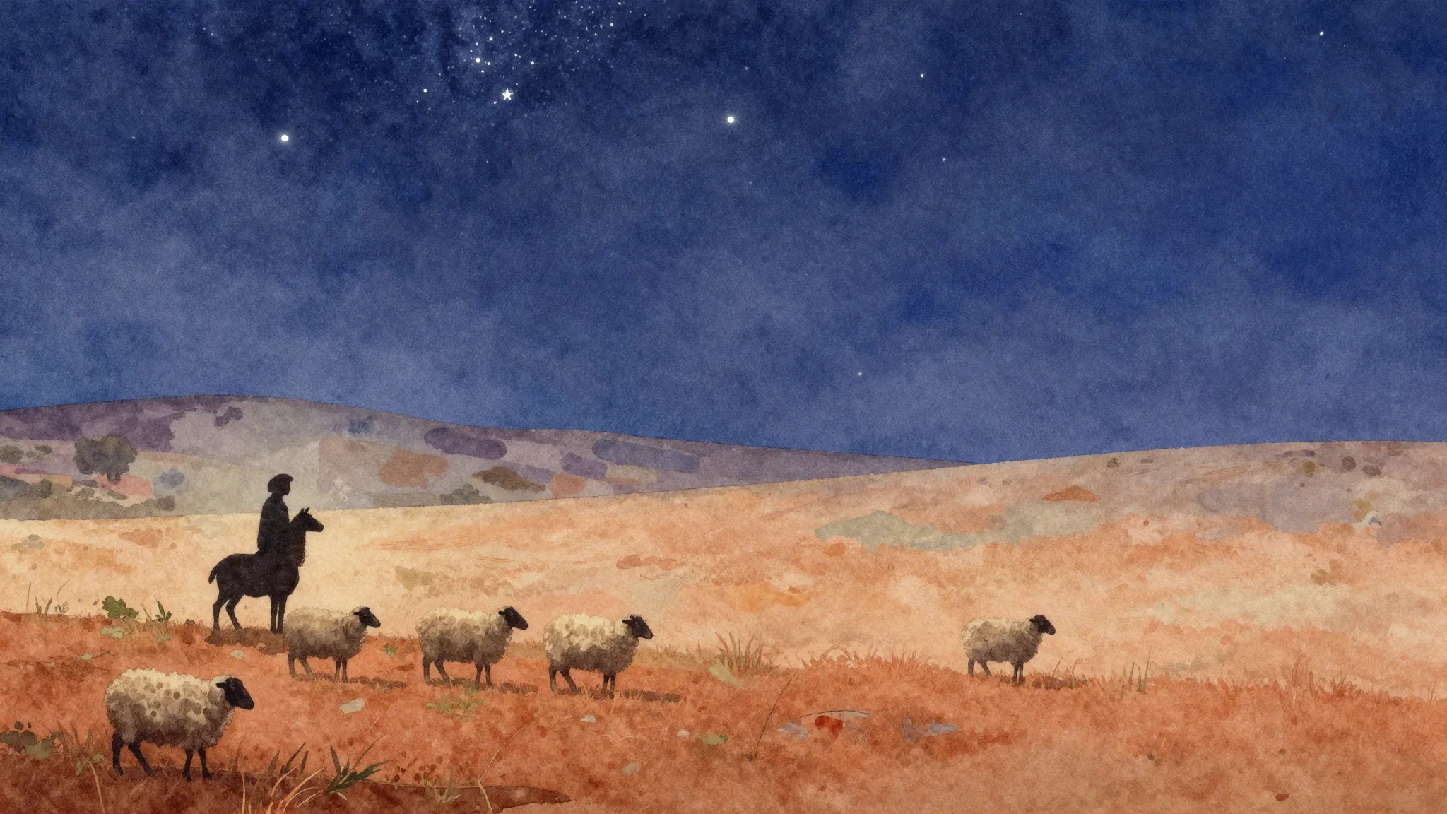Vibrant watercolor style. Ballad album cover: lonely shepher...