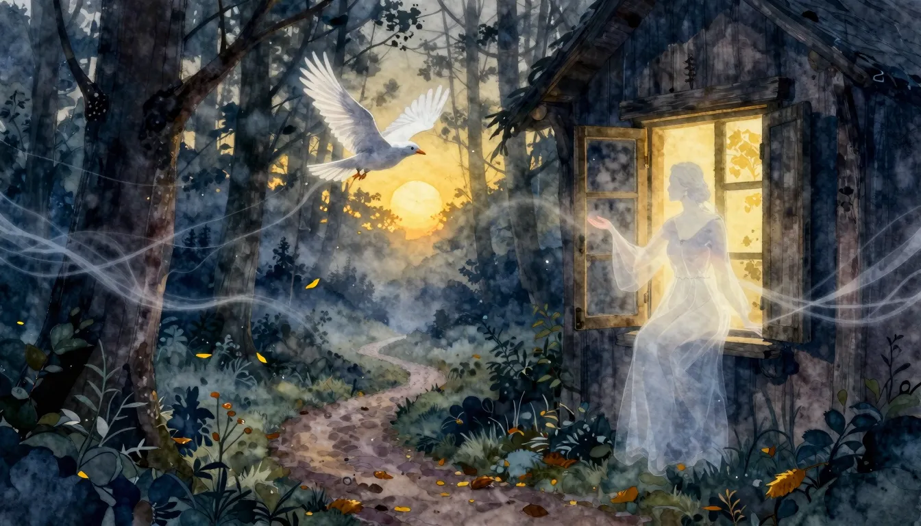 Vibrant watercolor style. A dark, misty Slavic forest at twi...
