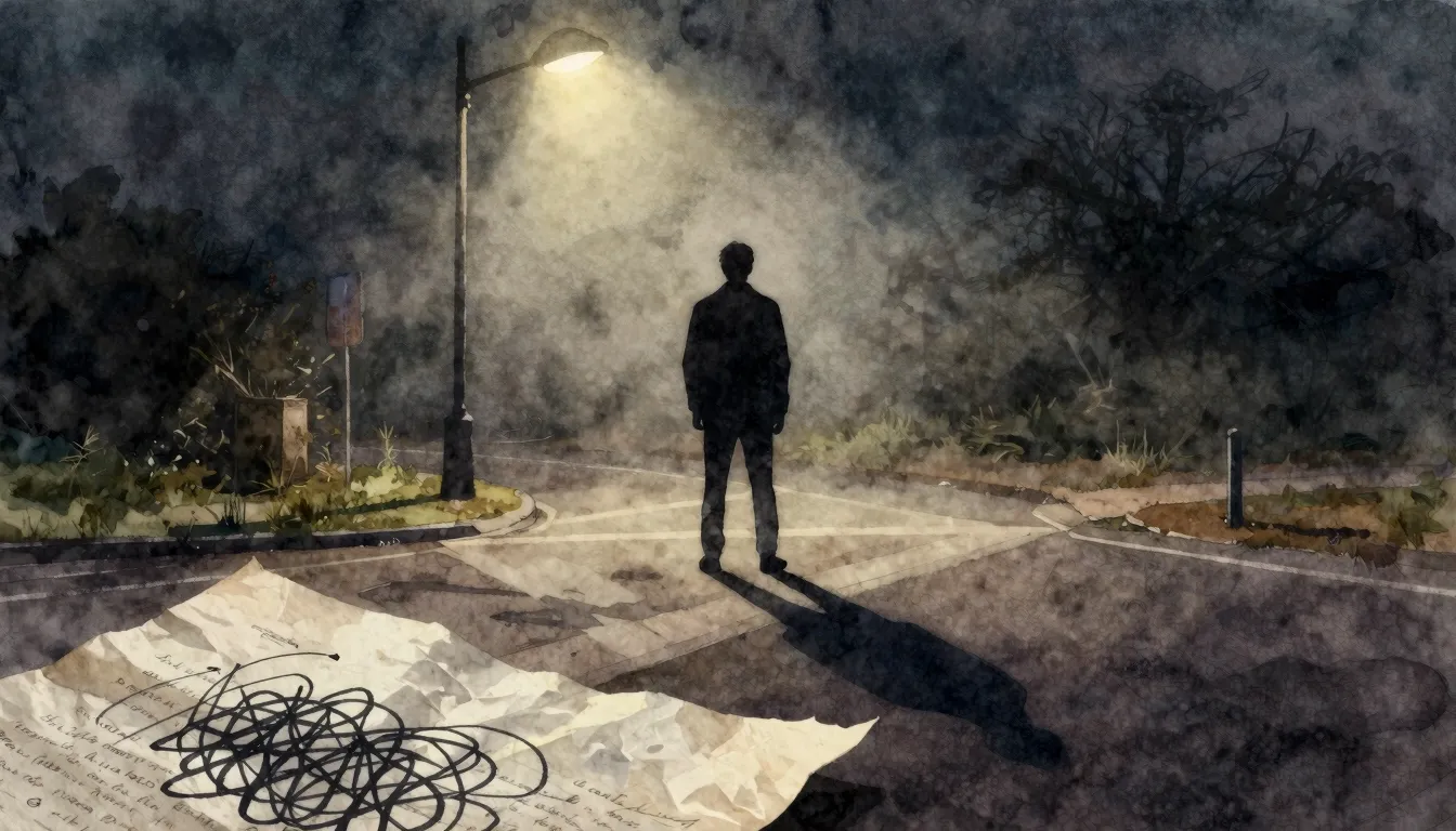 Watercolor style. A silhouette of a man stands at a crossroa...