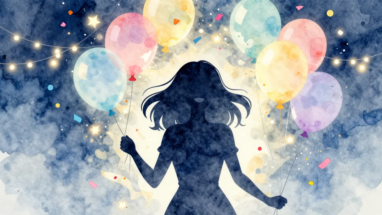 Watercolor style. A silhouette of a cheerful woman surrounde...