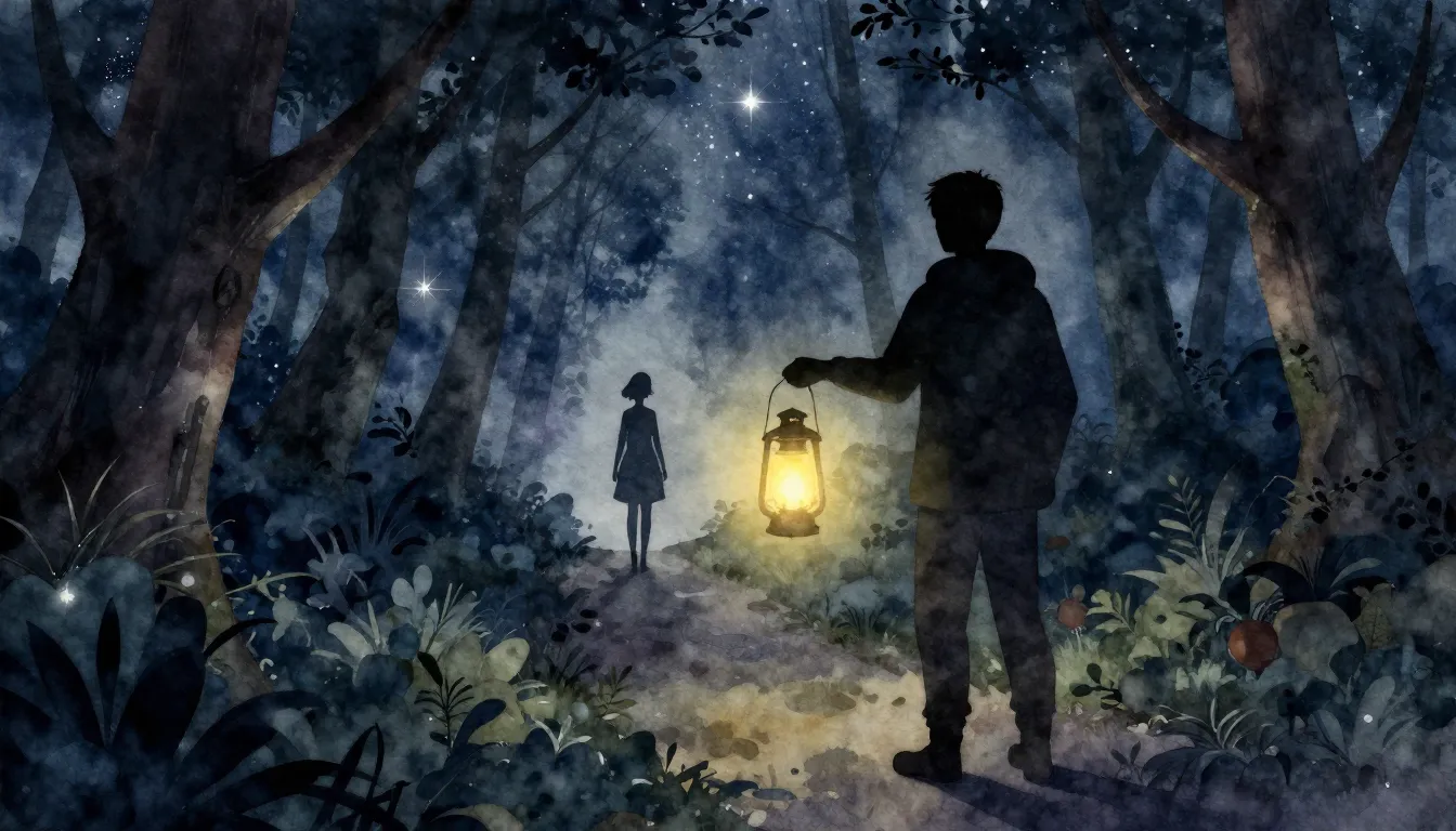 Watercolor style. A silhouette of a man holding a glowing la...