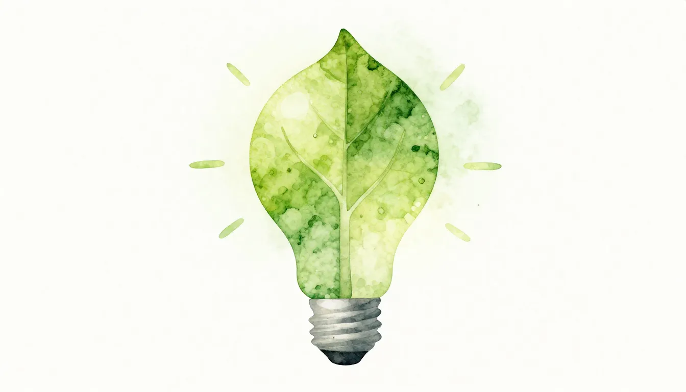 Watercolor style. A glowing green leaf shaped like a lightbu...