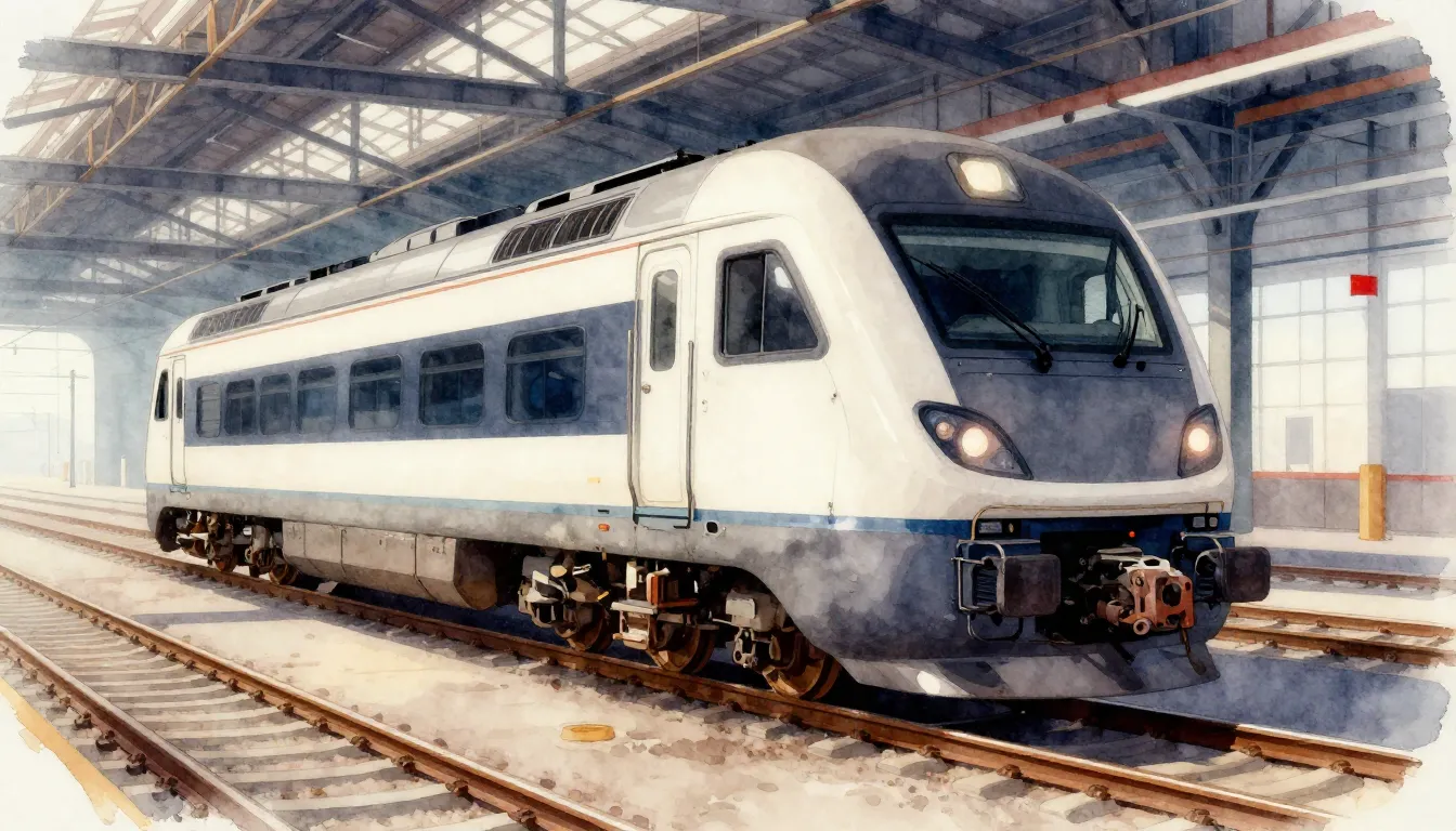 Watercolor style. A sleek modern electric locomotive on trac...