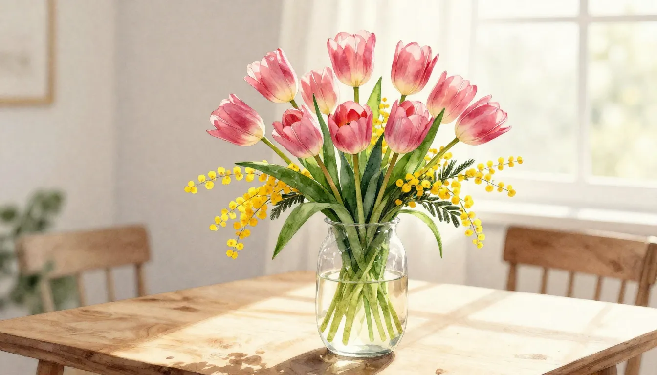Watercolor style. A cozy bouquet of pink tulips and yellow m...