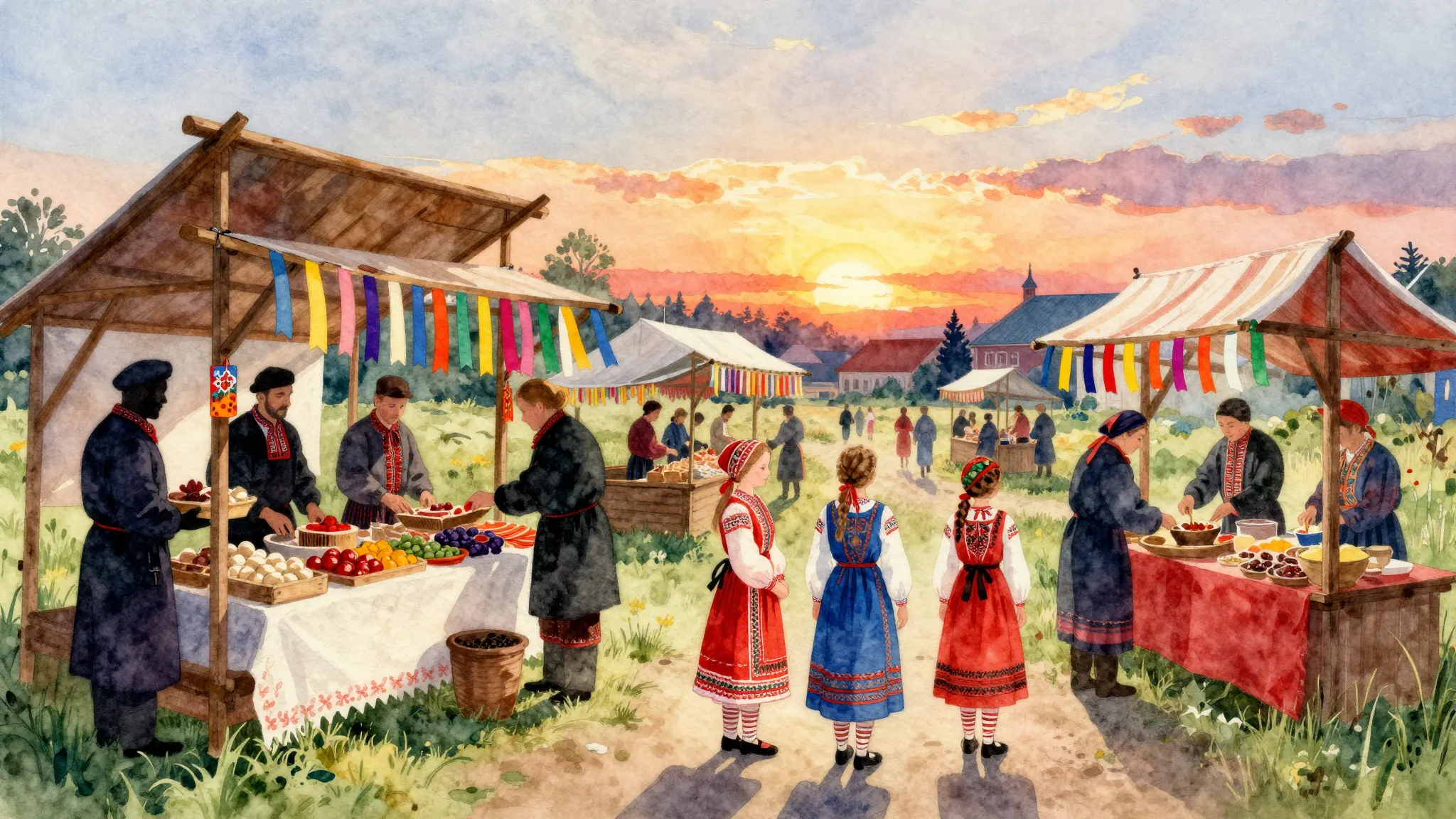 Watercolor style. A vibrant Russian folk fair scene at sunse...