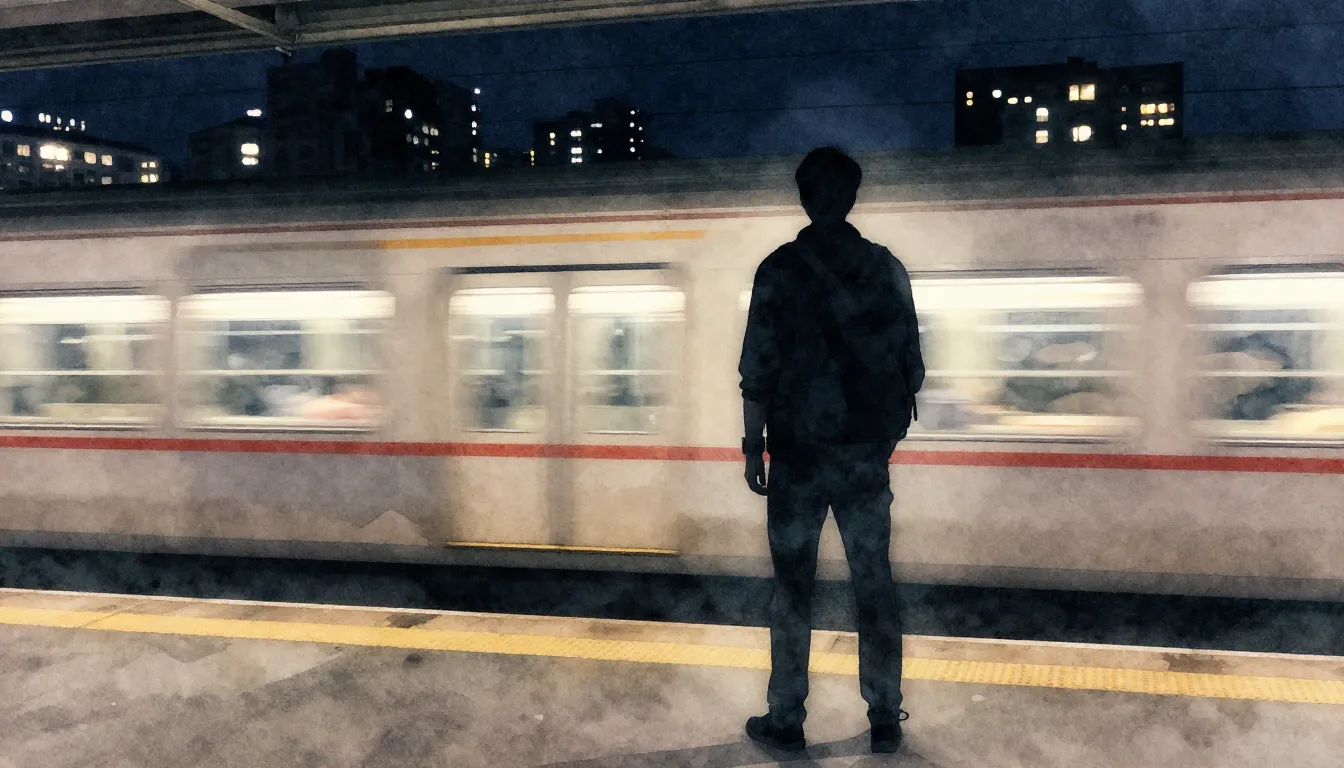 Watercolor style. A dark silhouette of a man with a backpack...