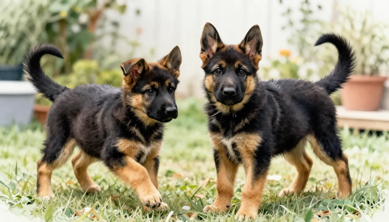 Watercolor style. Two German Shepherd puppies with black and...
