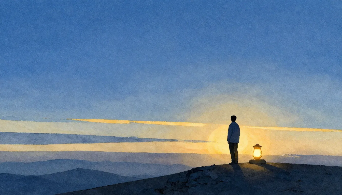 Watercolor style. A vast blue sky dome with golden dawn stri...