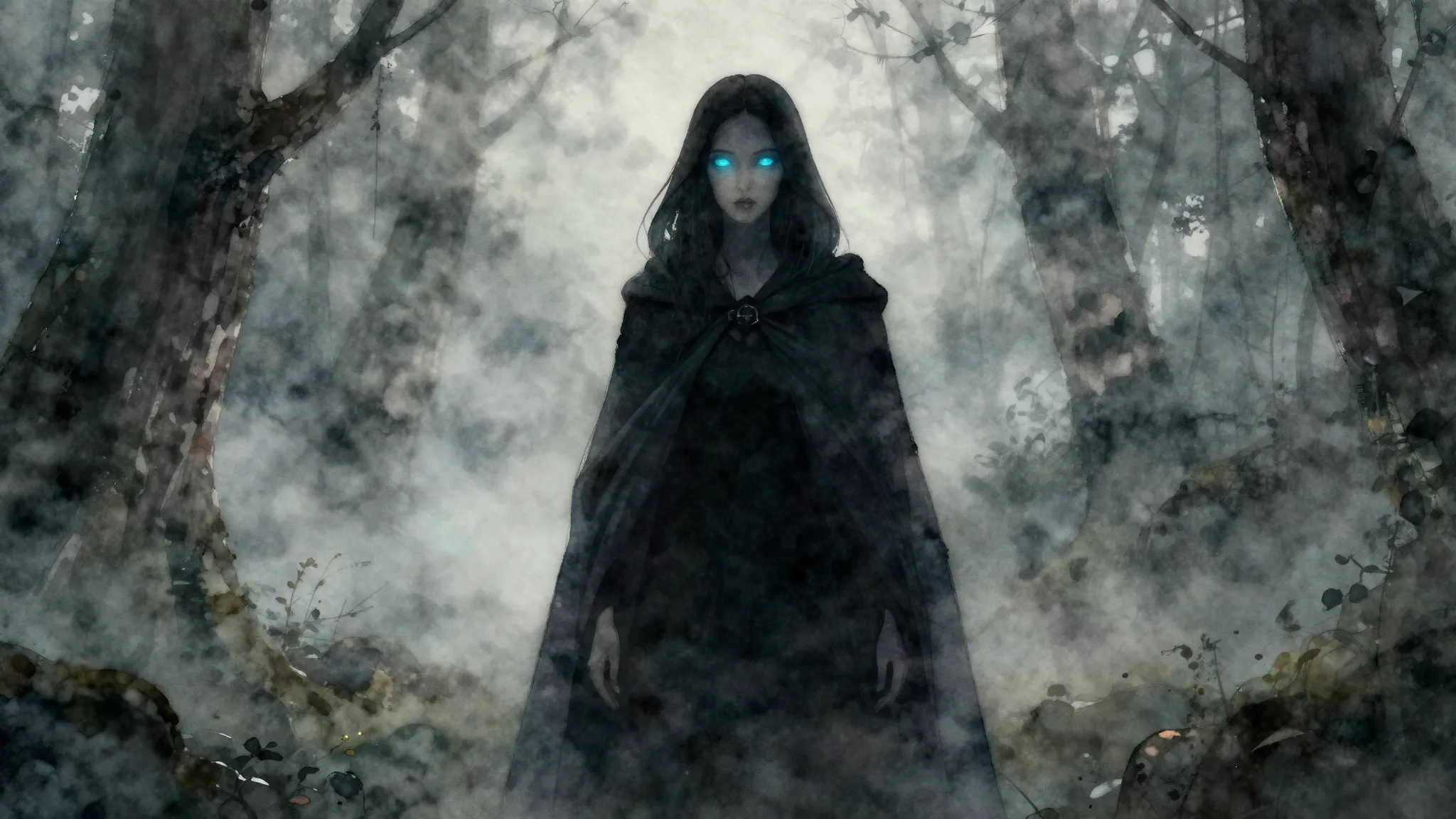 Watercolor style. A mysterious silhouette of a woman in a da...