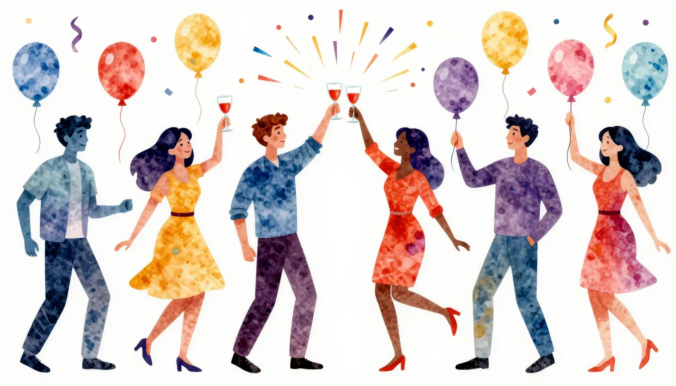 Vibrant watercolor style. Birthday party, festive, joyful, f...
