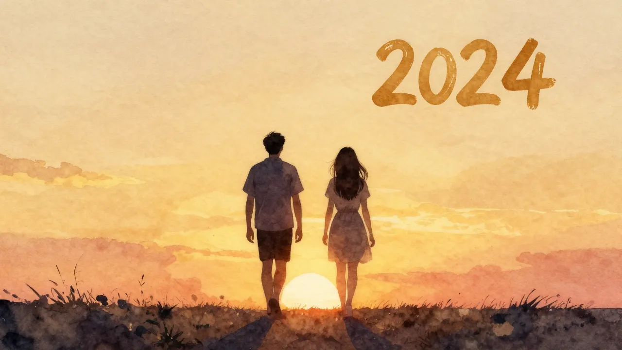 Watercolor style. Two silhouettes of a man and a woman walki...
