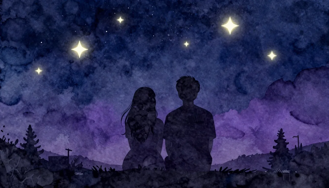 Watercolor style. Silhouette of a couple looking at the nigh...