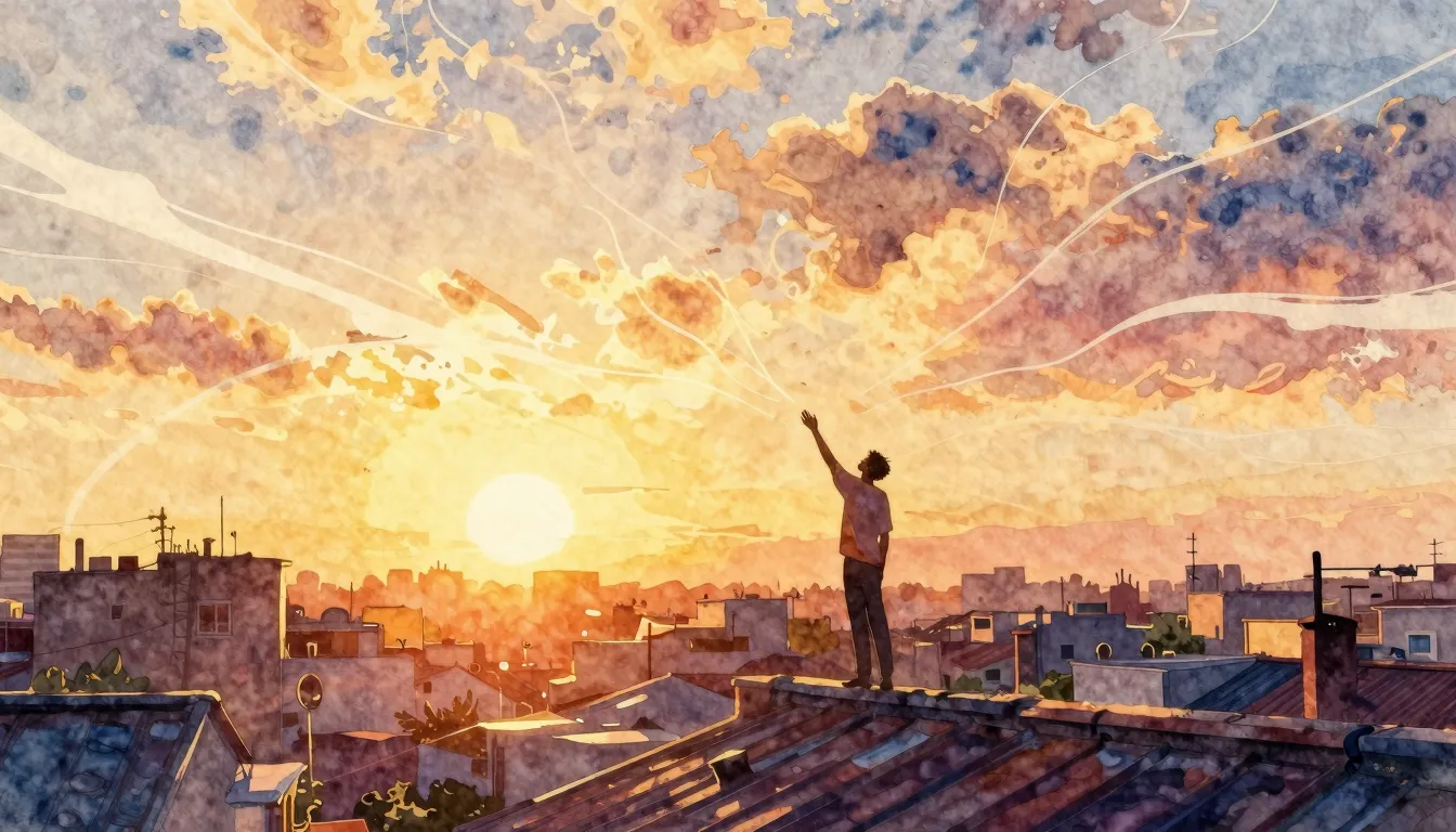 Vibrant watercolor style. Ballad album cover: sunrise over c...