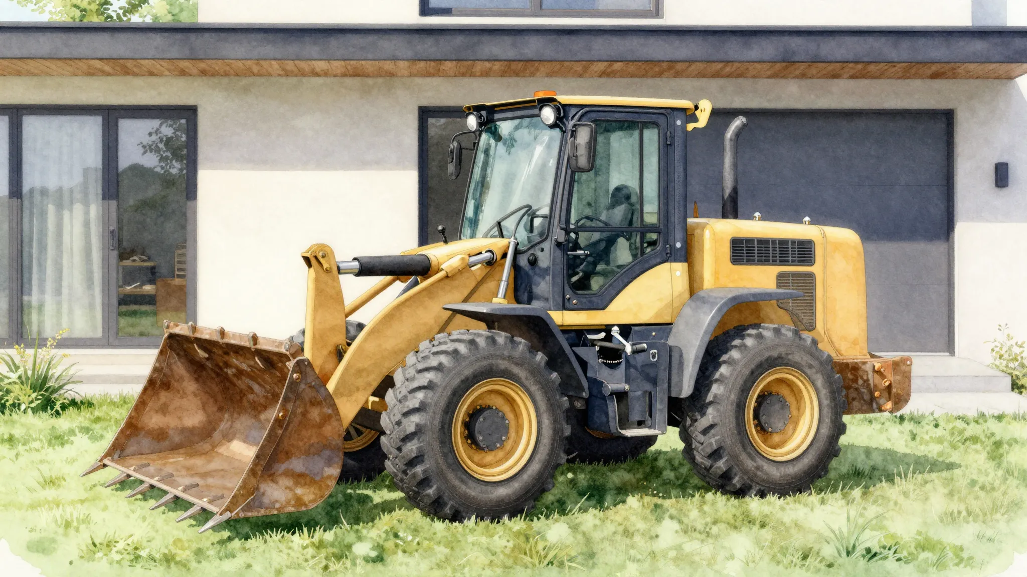 Watercolor style. A small industrial loader with a bucket at...