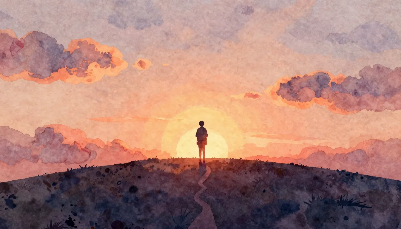 Watercolor style. A silhouette of a person standing on a hil...