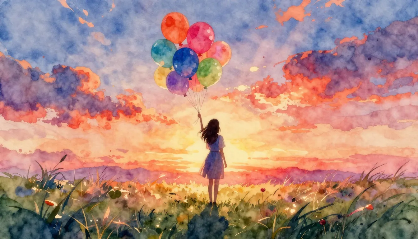 Watercolor style. A silhouette of a woman standing on a mead...