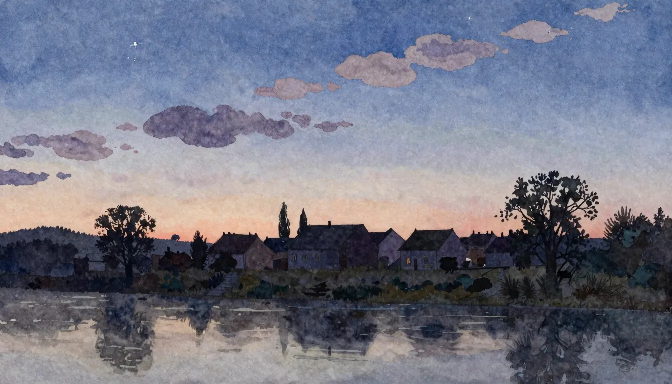 Watercolor style. A serene evening landscape, silhouette of ...