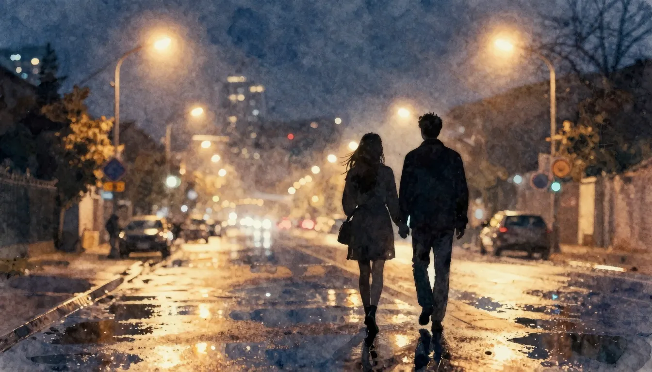 Watercolor style. Silhouette of a couple walking under stree...