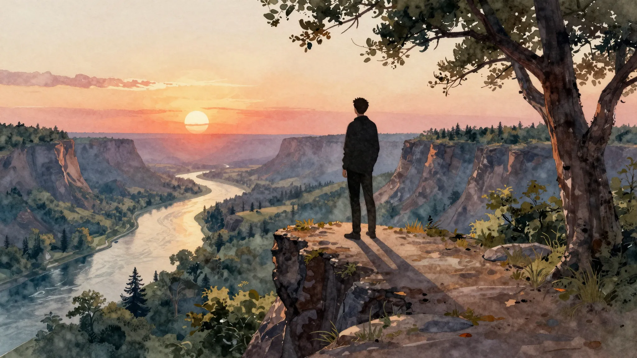 Watercolor style. A lone silhouette standing on a high cliff...