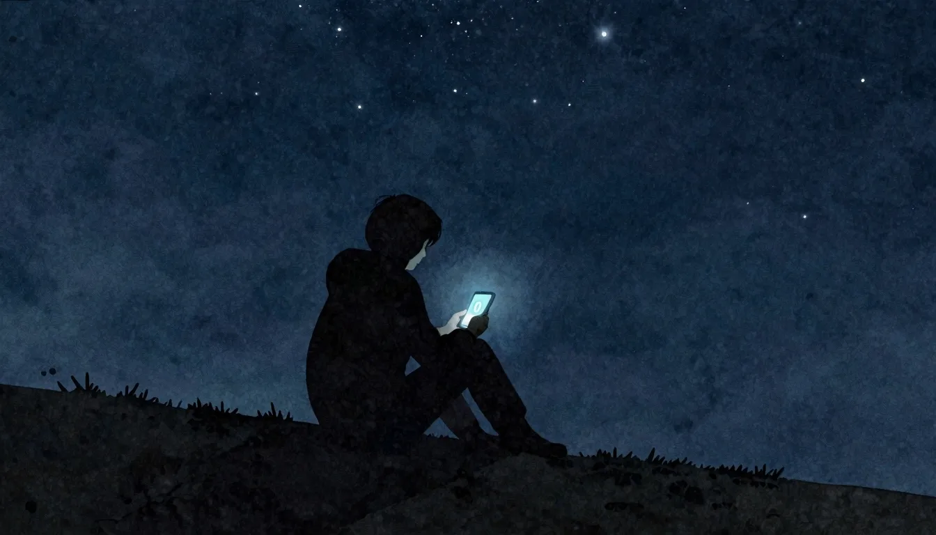 Watercolor style. A dark silhouette of a person sitting alon...