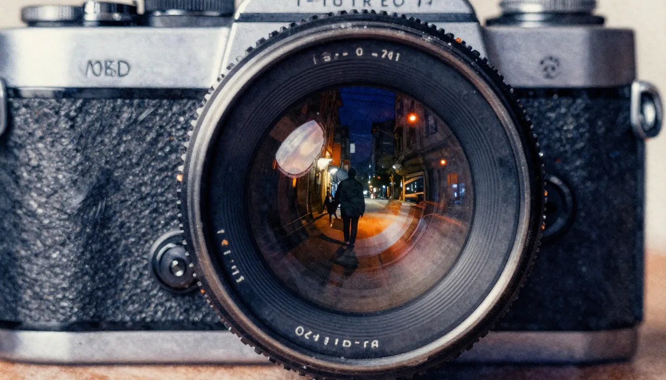 Watercolor style. Close-up of a vintage camera lens reflecti...