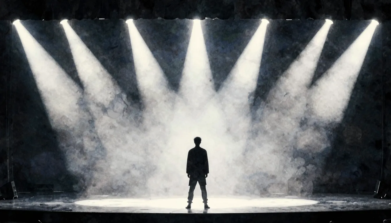 Watercolor style. Silhouette of a figure on a grand stage, i...
