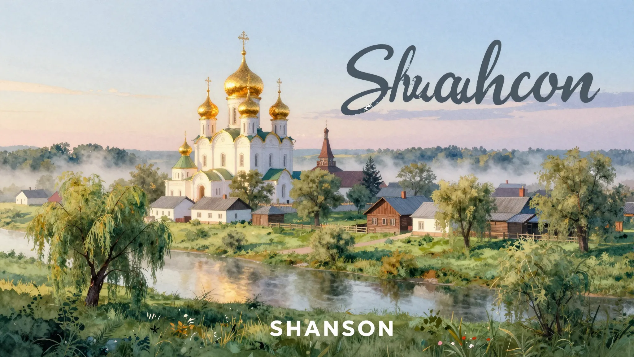 Vibrant watercolor style. Shanson album cover: serene Cossac...