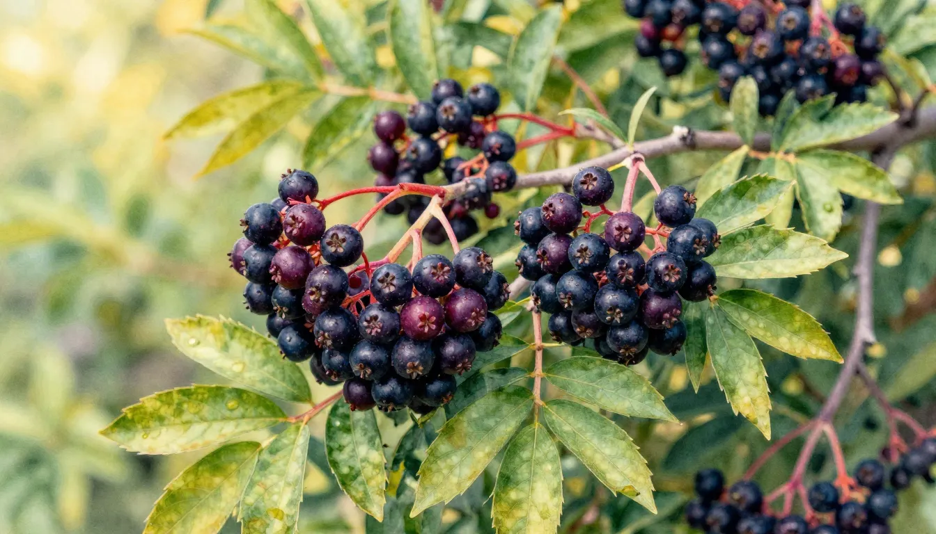Watercolor style. Lush elderberry bush with clusters of ripe...