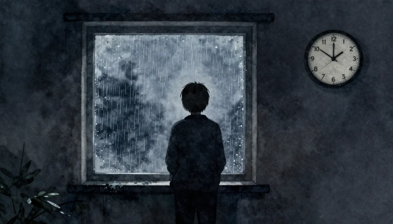 Watercolor style. A lonely silhouette standing by a window l...