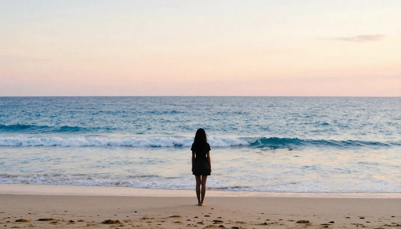 Watercolor style. A lonely silhouette of a woman standing on...