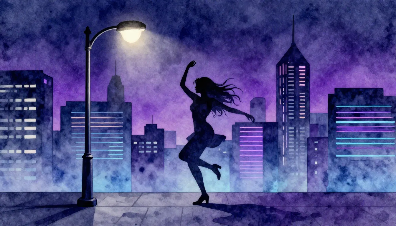 Watercolor style. 1 dark city, 1 silhouette dancing, 2 neon ...