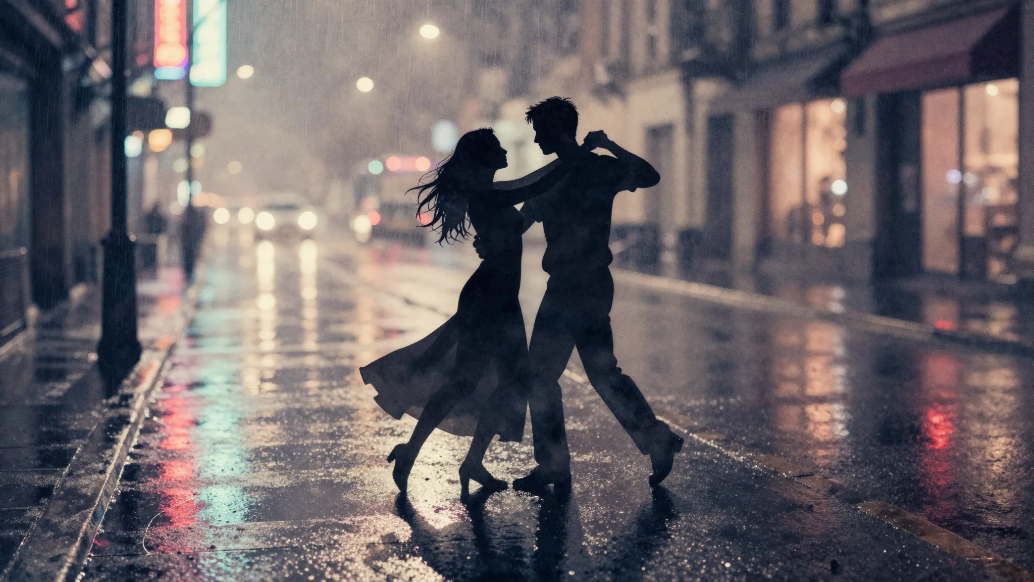 Watercolor style. Silhouette of two people dancing on a wet ...