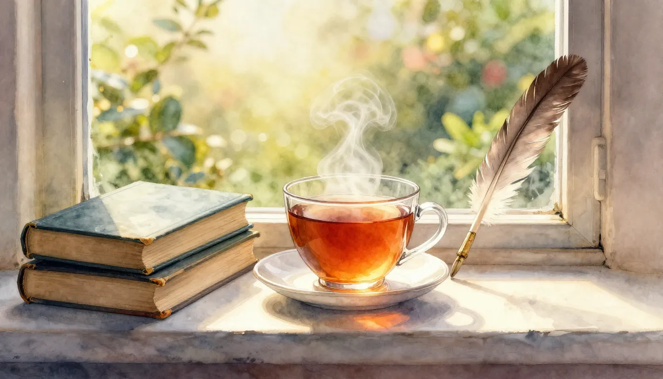 Watercolor style. A cozy window sill with a steaming cup of ...