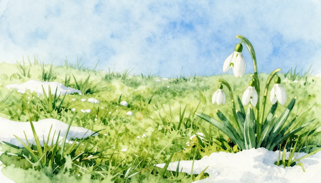 Watercolor style. A sunny spring meadow with melting snow pa...