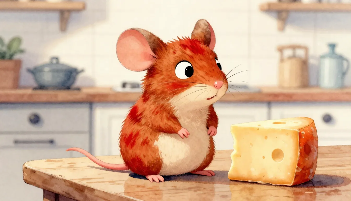 Watercolor style. Impudent ginger mouse with bright red stri...