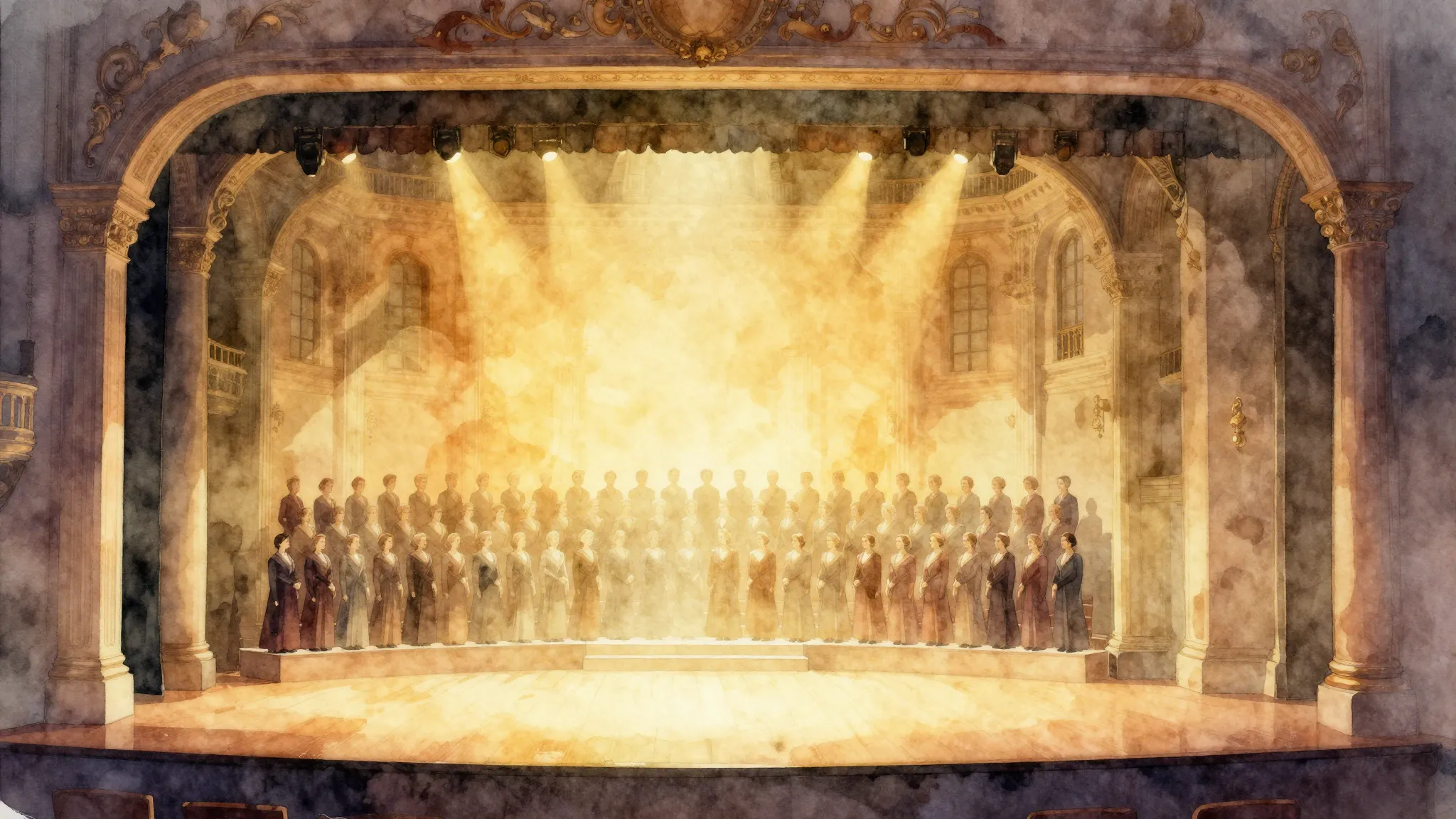 Watercolor style. A grand theatrical stage with a glowing ch...