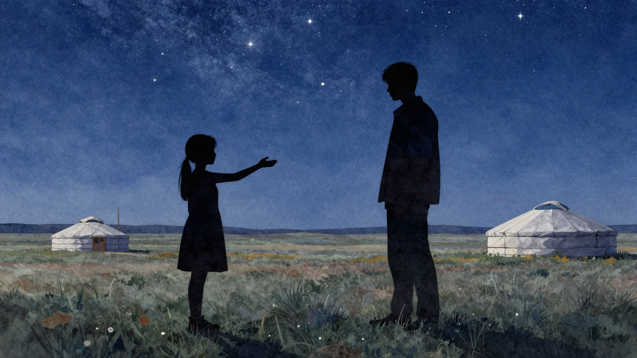 Watercolor style. A silhouette of a girl reaching her hand o...