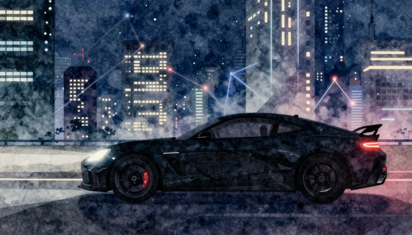 Watercolor style. A dark silhouette of a sleek car speeding ...