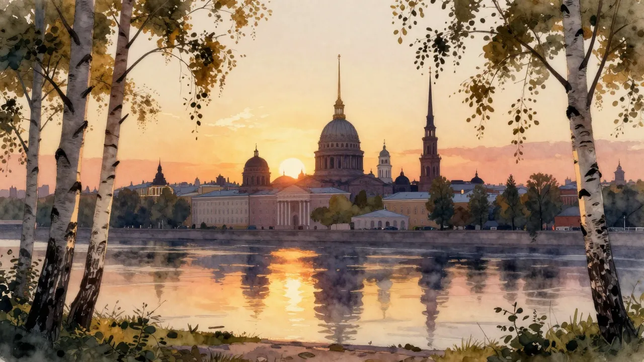 Watercolor style. Silhouette of a historical city skyline wi...