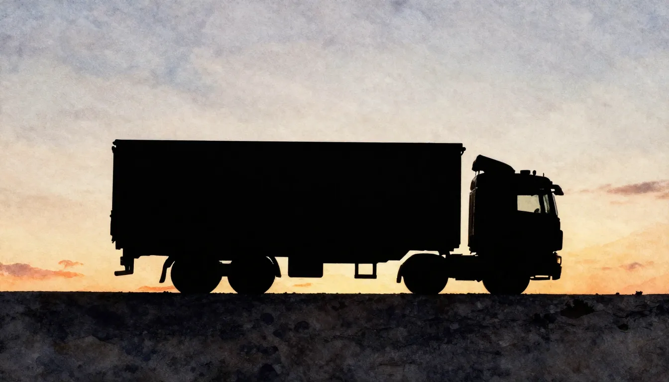 Watercolor style. Silhouette of a giant truck on a mountain ...