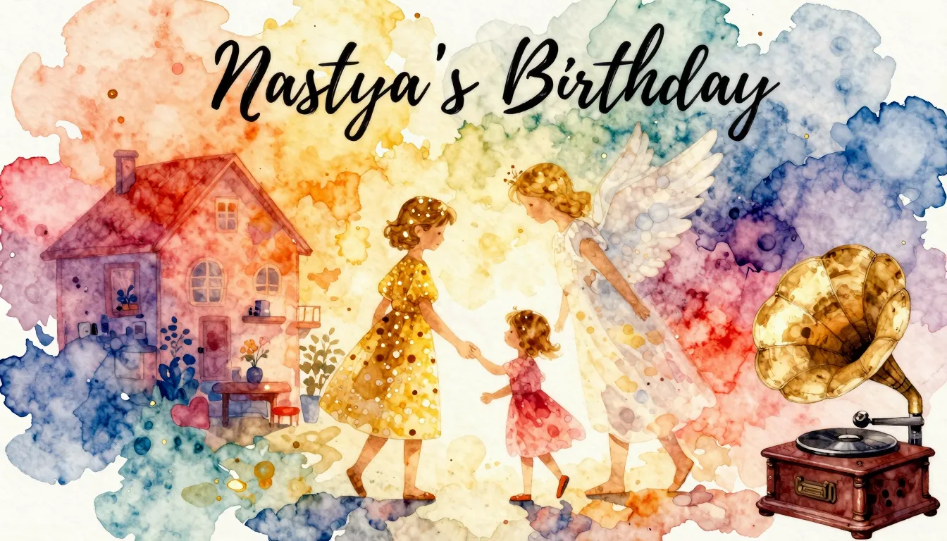 Vibrant watercolor style. Rap album cover for "Nastya's Birt...