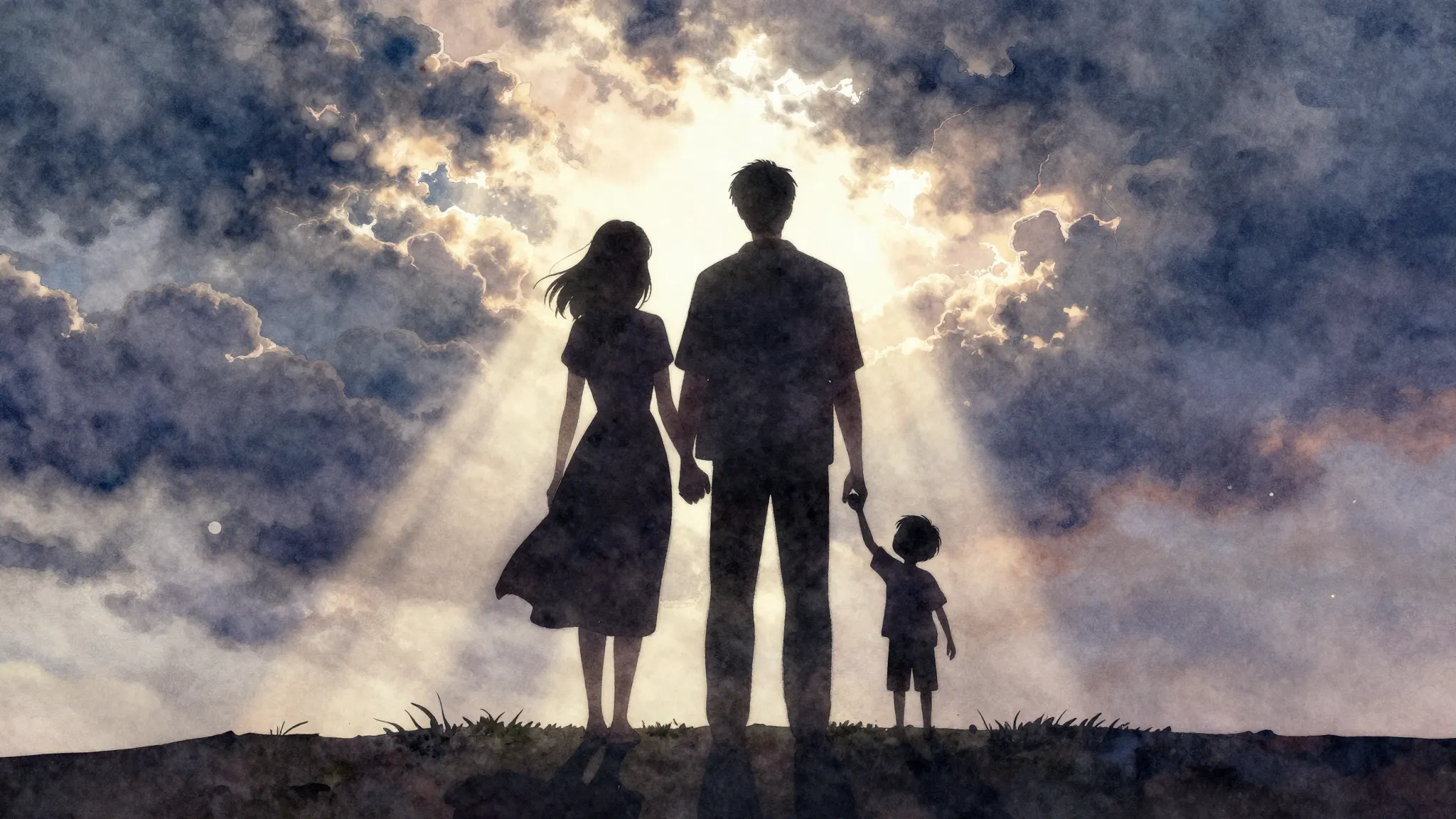 Watercolor style. A silhouette of a man and a woman standing...