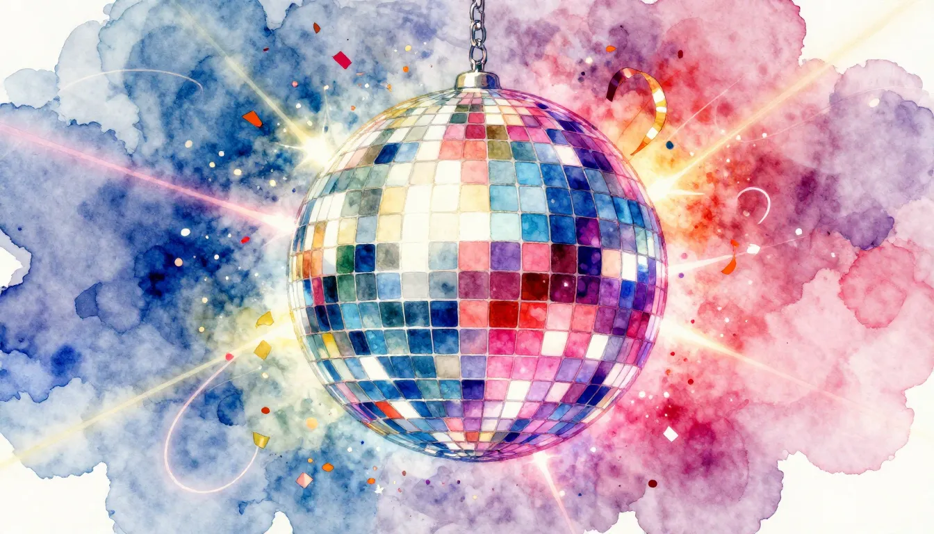 Vibrant watercolor style. Disco party album cover for a 60th...
